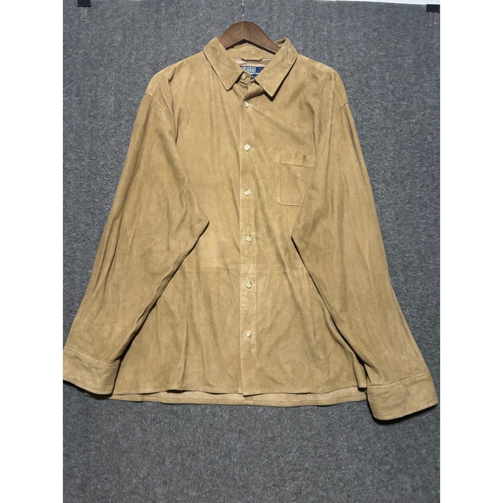 Polo by Ralph lauren 100% leather button shacket mens vintage size 2XL tan read